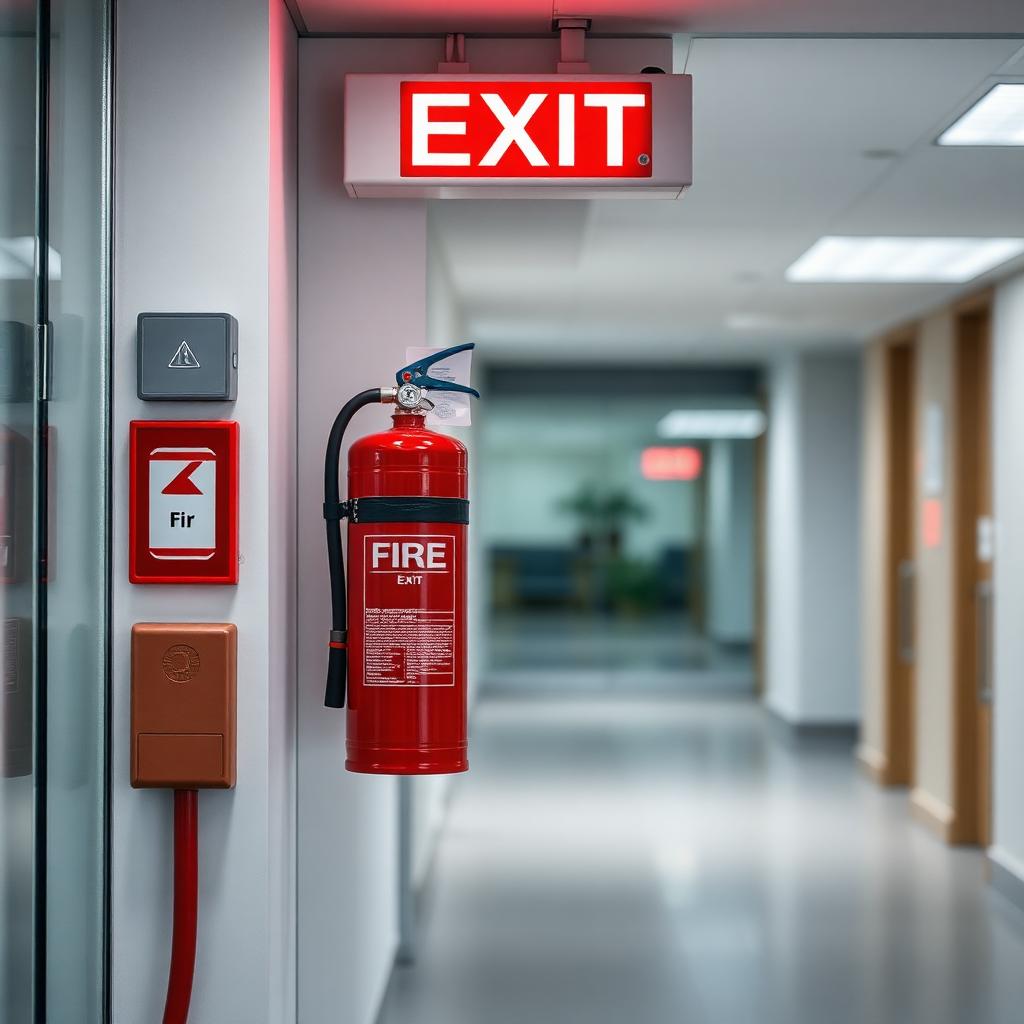 Feuerlöscher und Fluchtwegkennzeichnung in einem Bürogebäude